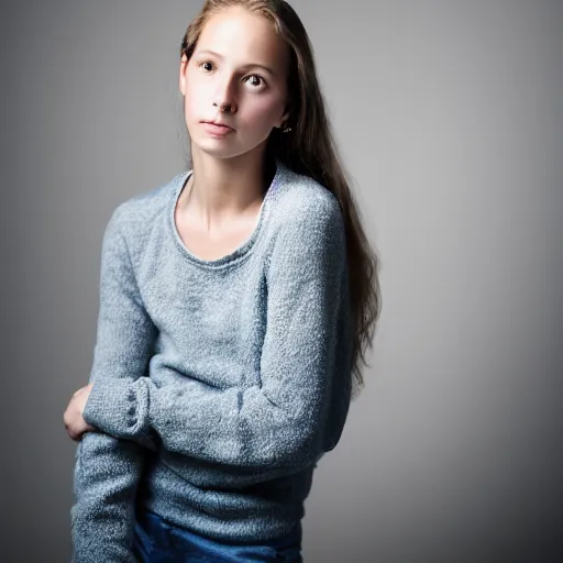 Image similar to portrait of a beautiful young woman, front view. casual clothing. studio photo by annie leibovitz.