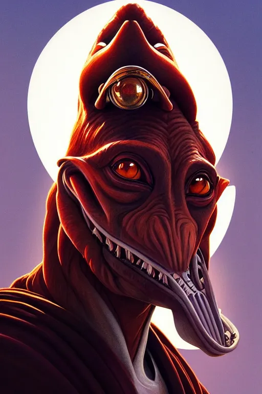 Image similar to a portrait of jar jar binks, fantasy, sharp focus, intricate, elegant, digital painting, artstation, matte, highly detailed, concept art, illustration, ambient lighting, art by ilya kuvshinov, artgerm, alphonse mucha, and greg rutkowski