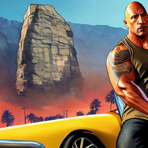 Prompt: dwayne the rock johnson,GTA V cover art by stephen bliss,realistic,professional art,professional lighting,detailed face,4k,hyperdetailed,realistic