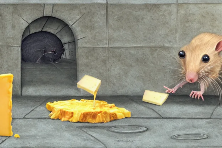 Image similar to a giant creepy rat eating cheese in a sewer, photo - realistic, hyper realism,