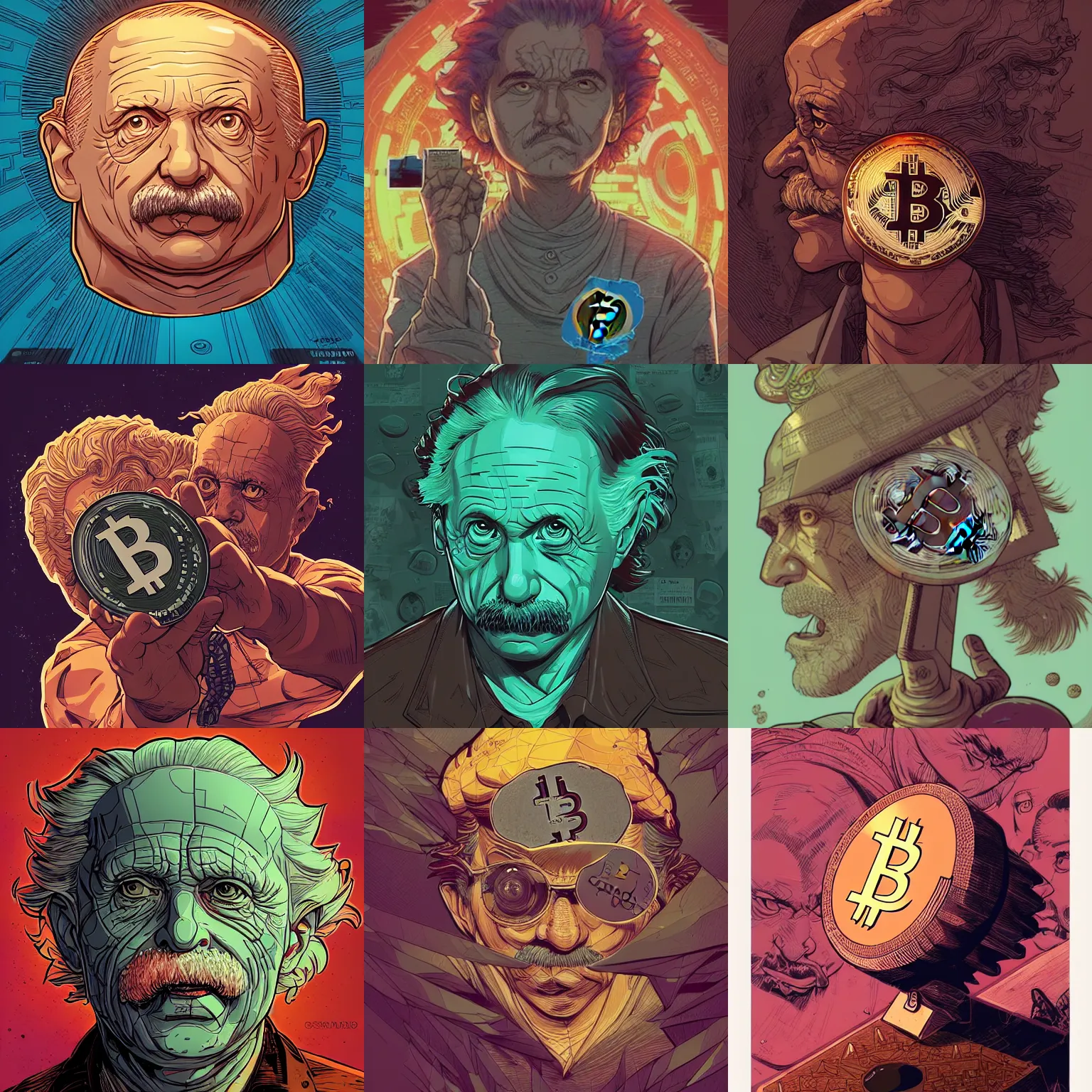Prompt: cell shaded bitcoin are eyes of einstein, macro head shot, llustration, concept art by josan gonzales and wlop, mike mignola, laurie greasley, highly detailed, sharp focus, logo trending on artstation, hq