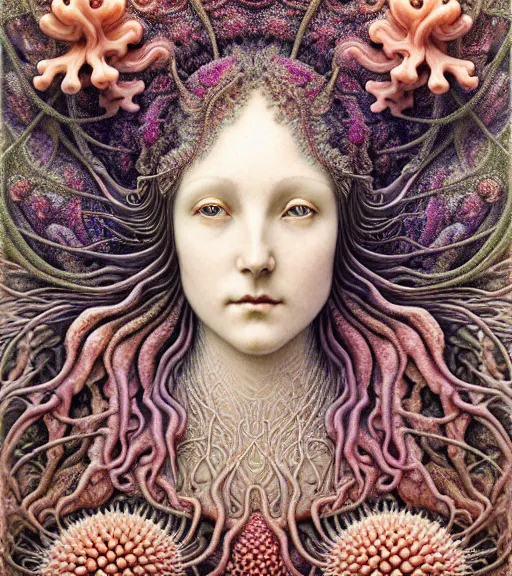 Image similar to detailed realistic beautiful coral reef goddess face portrait by jean delville, gustave dore, iris van herpen and marco mazzoni, art forms of nature by ernst haeckel, art nouveau, symbolist, visionary, gothic, neo - gothic, pre - raphaelite, fractal lace, intricate alien botanicals, ai biodiversity, surreality, hyperdetailed ultrasharp octane render