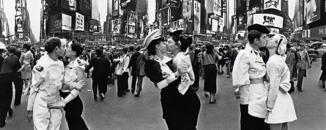 Image similar to alfred eisenstaedt's photograph of an american sailor kissing a woman in times square, spaghetti advertisement in background 1 9 4 5, canon 5 0 mm, kodachrome, retro