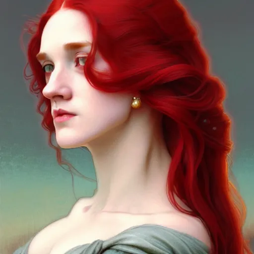 Image similar to long red hair aristocrat, bust portrait, gentle, solemn face, cloth, female, city landscape, d & d, fantasy, intricate, elegant, digital painting, red green color palette, artstation, octane render, concept art, matte, sharp focus, illustration, herrarthstone, art by artgerm and greg rutkowski and alphonse mucha