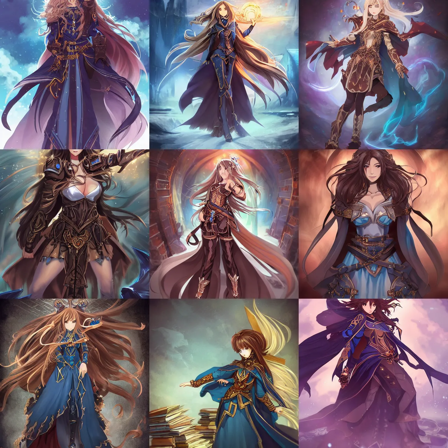 Image similar to “A detailed gorgeous beautiful anime woman with brown flowing hair, mage , long blue cape, decorative leather armor, excellent detail, action pose, surrounded by a catacomb of books, high quality, Full-body character portrait, character concept art, in the style of rossdraws, trending on artstation, hyper detailed, official art”