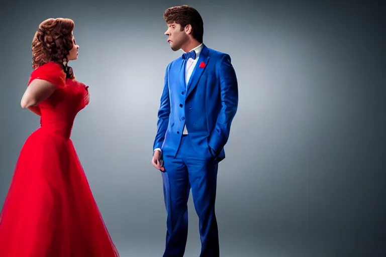 Image similar to full body film still of a man longingly looking at a woman in a red dress as a woman in a blue dress looks disgusted at the man in the new romance comedy movie, dramatic angle, dramatic lighting