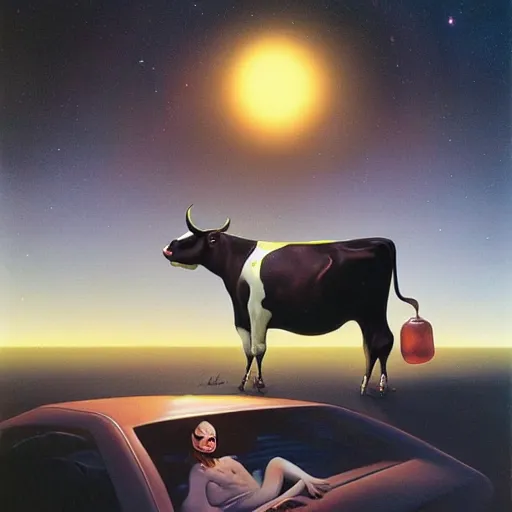 Image similar to a cow floating at night, pov inside a car, flashlight on, creepy, surrealism, painting by boris vallejo and michael whelan