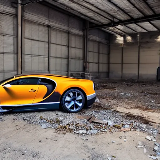 Image similar to an abandoned, derelict, rusty bugatti chiron in a dirty warehouse