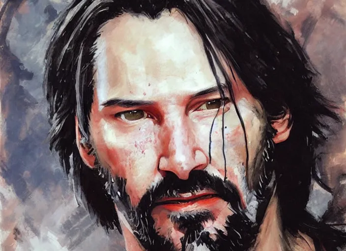 Image similar to a highly detailed beautiful portrait of keanu reeves as kratos, by gregory manchess, james gurney, james jean