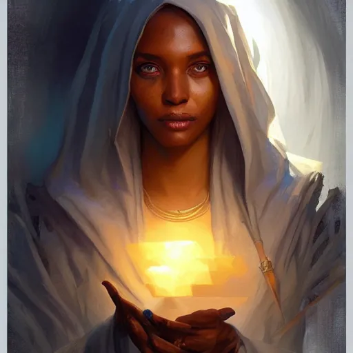 Image similar to clairvoyant sudanese mage, D&D, fantasy, portrait, highly detailed, digital painting, trending on artstation, concept art, sharp focus, illustration, art by artgerm and greg rutkowski and magali villeneuve