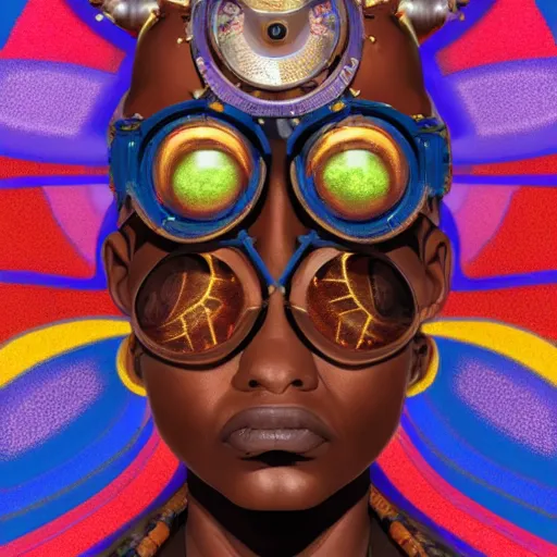 Image similar to colourful vfx upper half - portrait - art of a african tribal chief wearing steam punk goggles, art by utagawa kunisada & james jean, symmetrical, intricate detail, concept art, volumetric light, ray tracing, caricature, digital illustration, octane 3 d render, unreal engine, sharp, 8 k post process, pinterest, behance, art station,