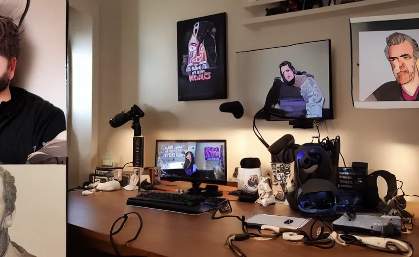 Prompt: incel twitch streamer, portly with acne and neck beard, hangs detailed portrait of jordan peterson on the wall of his mom's basement, tissues on floor, gaming rig with bright leds on desk, vlogger mic on stand, shelf with star wars figurines
