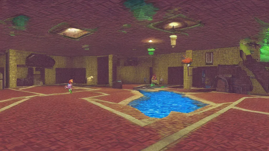 Image similar to Screenshot from Zelda Ocarina Of Time at an indoor swimming pool