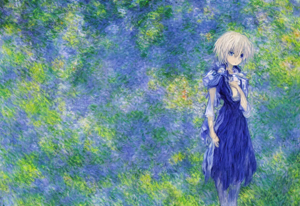 Image similar to anime scenery, blue outfit, very anime in impressionist style, trending artwork, anime painter studio, by claude monet