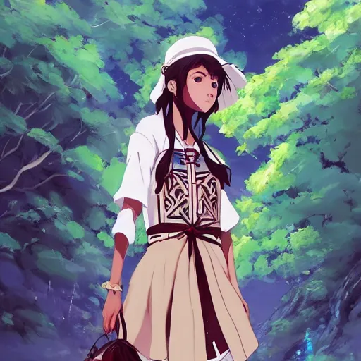 Image similar to a beautiful women instagram model, brown skin, wearing elegant catholic school girl designer fashion with mayan pattern and native style, aztec street fashion, gapmoe yandere grimdark, trending on pixiv fanbox, painted by greg rutkowski makoto shinkai takashi takeuchi studio ghibli, akihiko yoshida