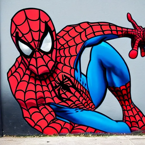 Image similar to graffiti art of spiderman wearing a latex mask of a pitbull dog