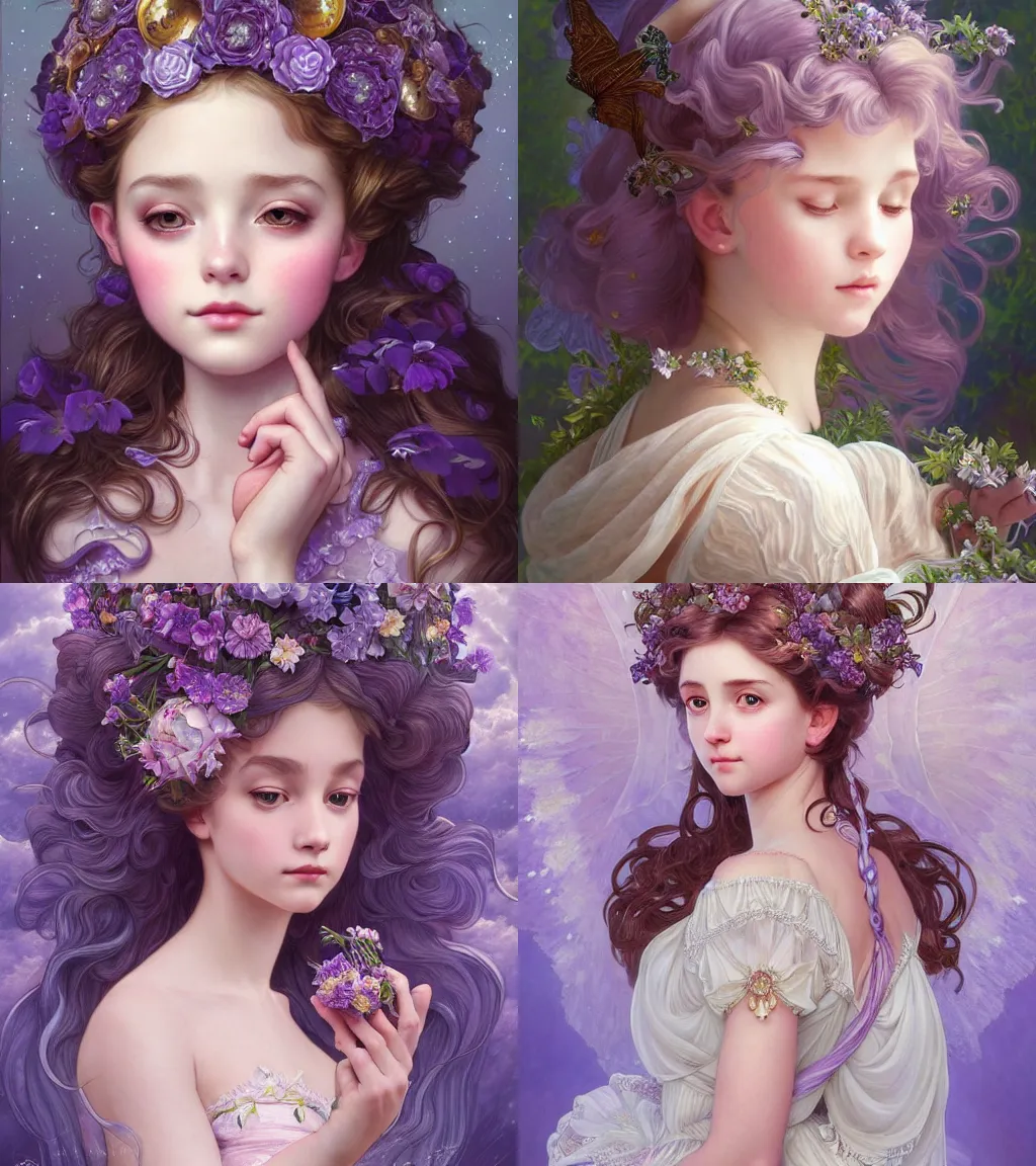 Prompt: portrait of magical young girl, dreamy and ethereal, lavender accents, peaceful expression, ornate frilly dress, fantasy, intricate, elegant, beautiful crystals, highly detailed, digital painting, artstation, concept art, smooth, sharp focus, illustration, art by artgerm and mark ryden and alphonse mucha