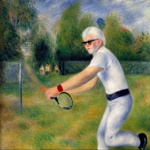 Prompt: a man with white hair and circular glasses playing tennis on a sunny day, painting in the style of renoir