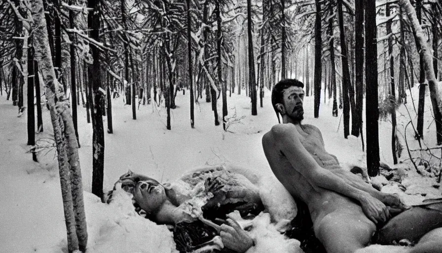 Image similar to 1 9 6 0 s movie still close up of a skinny emperor marcus aurelius with frozen face, laying down on the danube's shore pine forests, cinestill 8 0 0 t 3 5 mm b & w, high quality, heavy grain, high detail, cinematic composition, dramatic light, anamorphic, hyperrealistic, very foggy, by irving penn