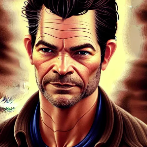 Image similar to A combination of Timothy Olyphant's and Orlando Bloom's and Chris Pine's faces as Nathan Drake, western, D&D, fantasy, intricate, elegant, highly detailed, digital painting, artstation, concept art, matte, sharp focus, illustration, art by Artgerm and Greg Rutkowski and Alphonse Mucha