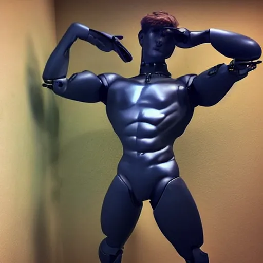 Image similar to “a realistic detailed photo of a guy who is an attractive humanoid who is half robot and half humanoid, who is a male android, twitch streamer Ninja Tyler Blevins, shiny skin, posing like a statue, blank stare, at the door entrance, display”