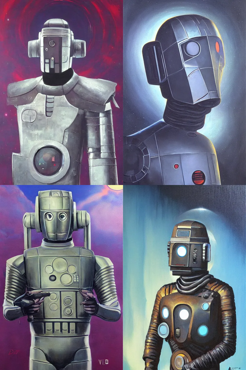 Prompt: solarpunk cyberman, art by vincent di fate, oil painting