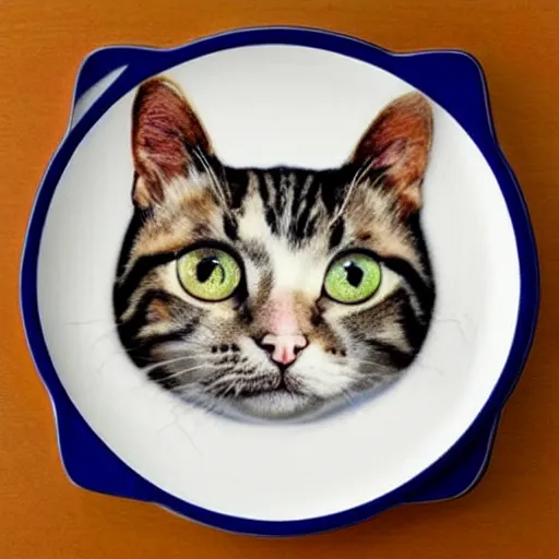 Prompt: a cat with a plate for a face