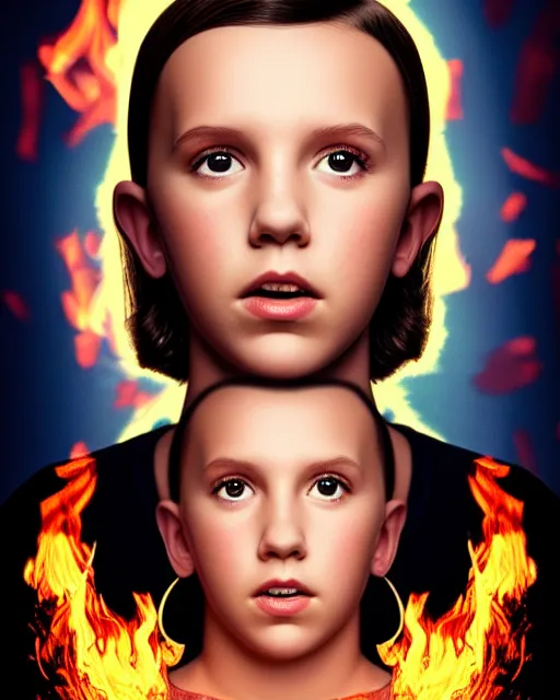 Prompt: Poster Portrait of Millie Bobby Brown with fire eyes, dramatic lighting