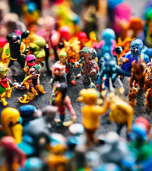 Image similar to miniature figurines of monsters, tilt shift, product photography, hyper color