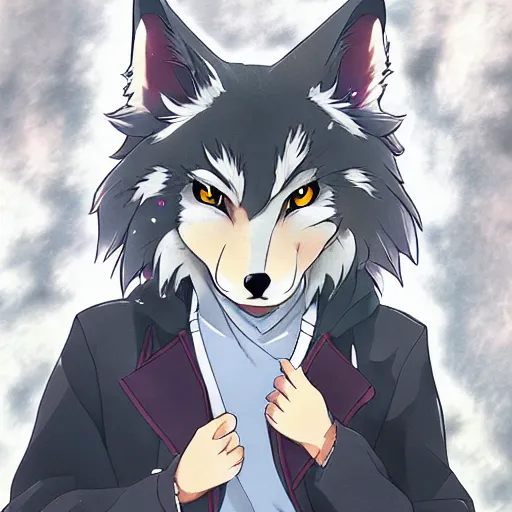 Image similar to key anime visual portrait of an anthropomorphic anthro wolf fursona, in a jacket, with handsome eyes, official modern anime art