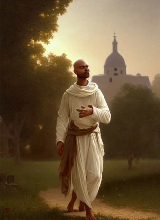 Prompt: oil painting portrait of a handsome young tonsured dominican monk in a white and brown habit, striding dancing through a flourishing garden at sunset with a monastery in the background, hazy, digital art, chiaroscuro, artstation, cinematic, golden hour, digital art painting by greg rutkowski, william - adolphe bouguereau, hazy atmosphere, flowers, cinematic lighting