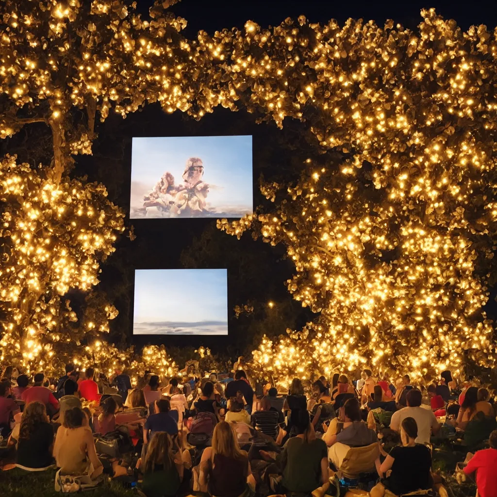 Prompt: outdoor cinema screen with moviegoers, giant popcorn bucket, at night symmetrical rule of thirds