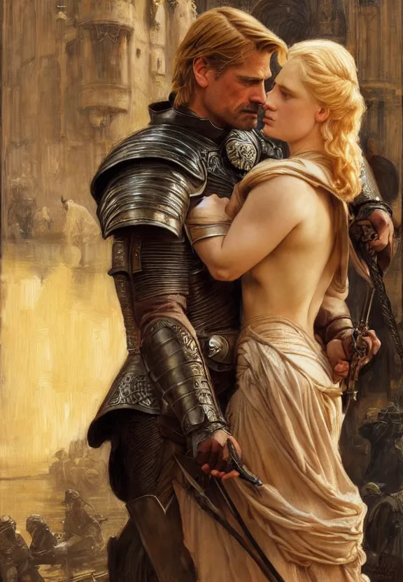 Image similar to attractive handsome fully clothed jaime lannister confesses his love for attractive fully armored brienne of tarth. highly detailed painting by gaston bussiere and j. c. leyendecker 8 k