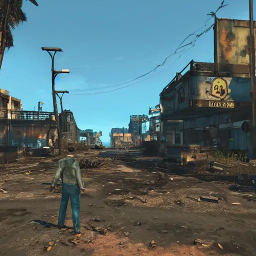 Prompt: Honolulu in ruins post-nuclear war in Fallout 4, in game screenshot