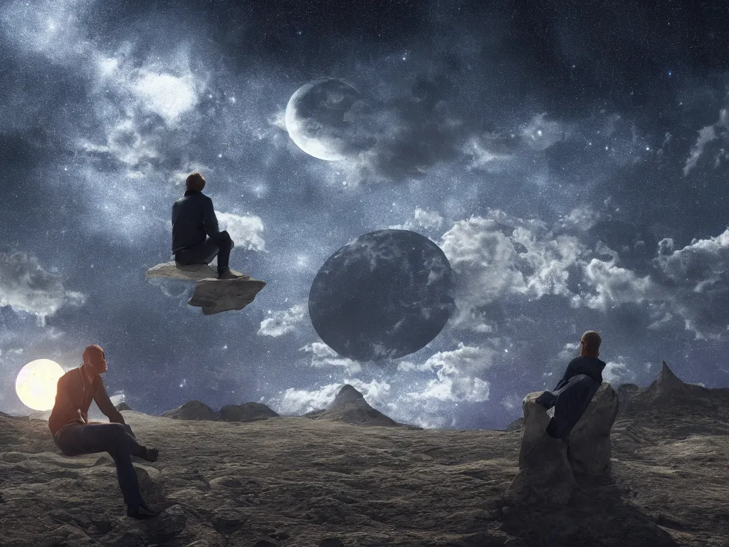 Prompt: A man sitting on the first quarter moon surrounded by a starry night sky, hdr, ue5, unreal engine 5, cinematic 4k wallpaper, ultra detailed, high resolution, artstation, award winning.