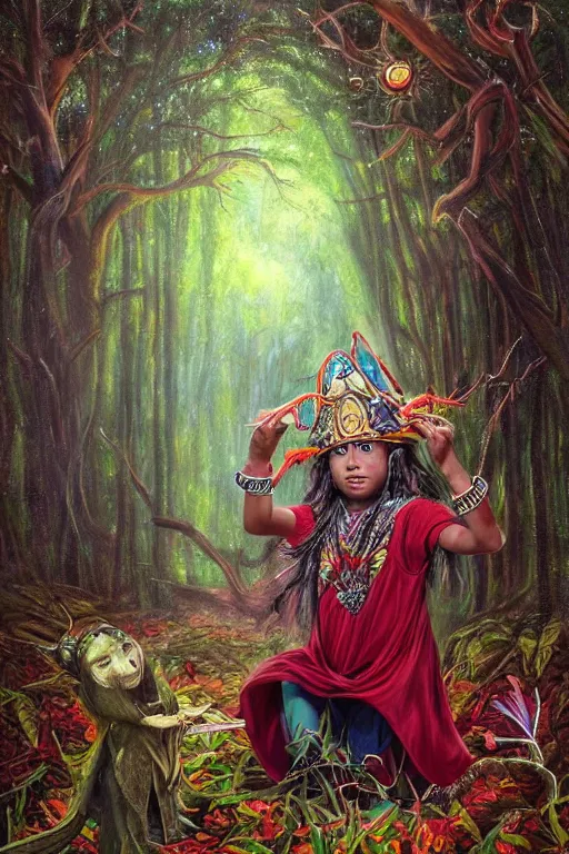 Prompt: photorealistic photo of an aztec sorcerer casting a powerful spell in a dark forest, by lilia alvarado, lilia alvarado art,