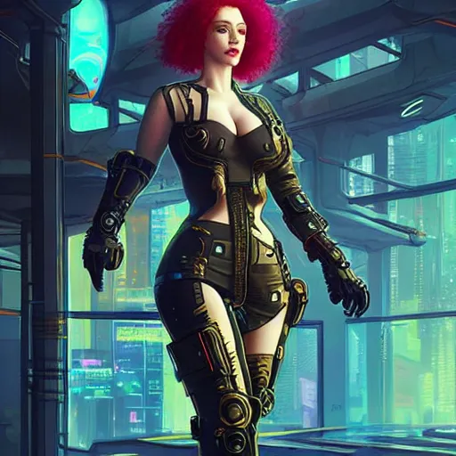 Image similar to christina hendricks wearing cyberpunk 2 0 7 7 futuristic clothing, intricate, elegant, highly detailed, digital painting, artstation, concept art, smooth, sharp focus, illustration, art by artgerm and greg rutkowski and alphonse mucha