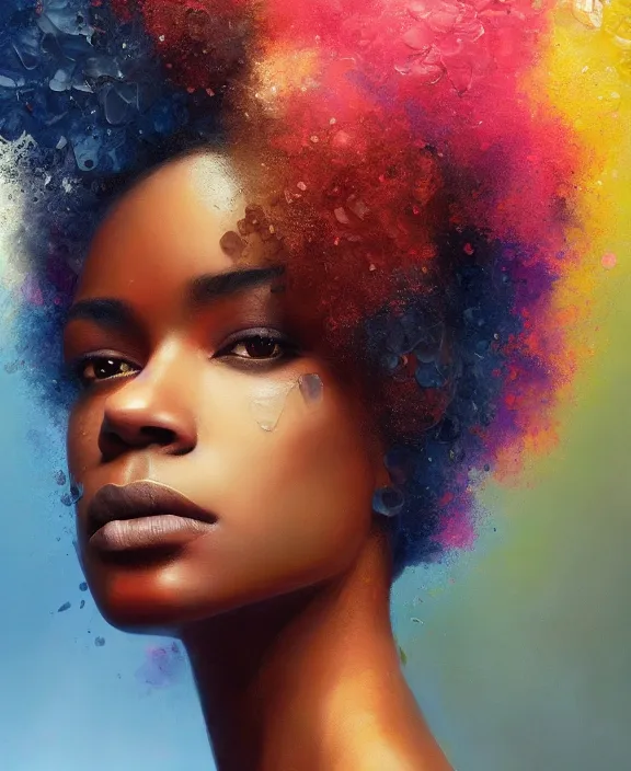 Prompt: fantastic extraordinary beautiful afro - american women with short hair into fluid infinity variations of colours mass, close - up, piotr jablonski, jeff dekal, jeff simpson, intricate details, hyperrealistic oil painting on canvas, deep depth field, hd, hdr, 4 k, 8 k