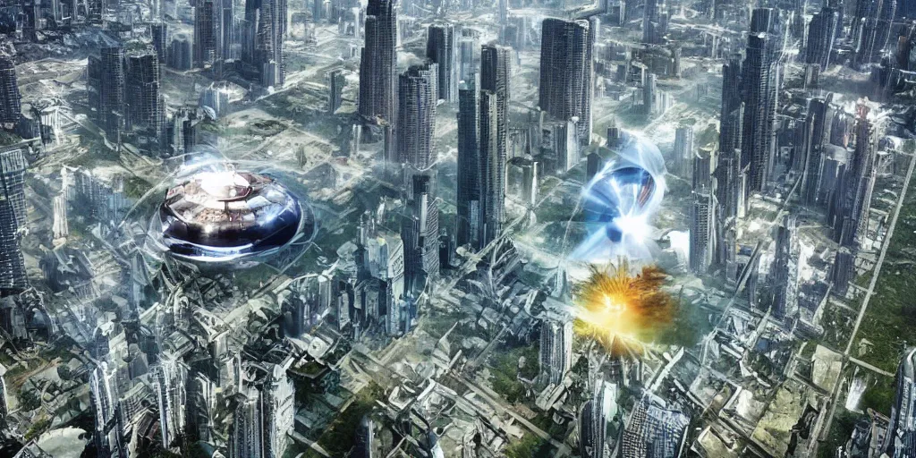 Prompt: future forest city attacked by spaceship, floating broken buildings, gravity mess, star trek, glory war, photograph