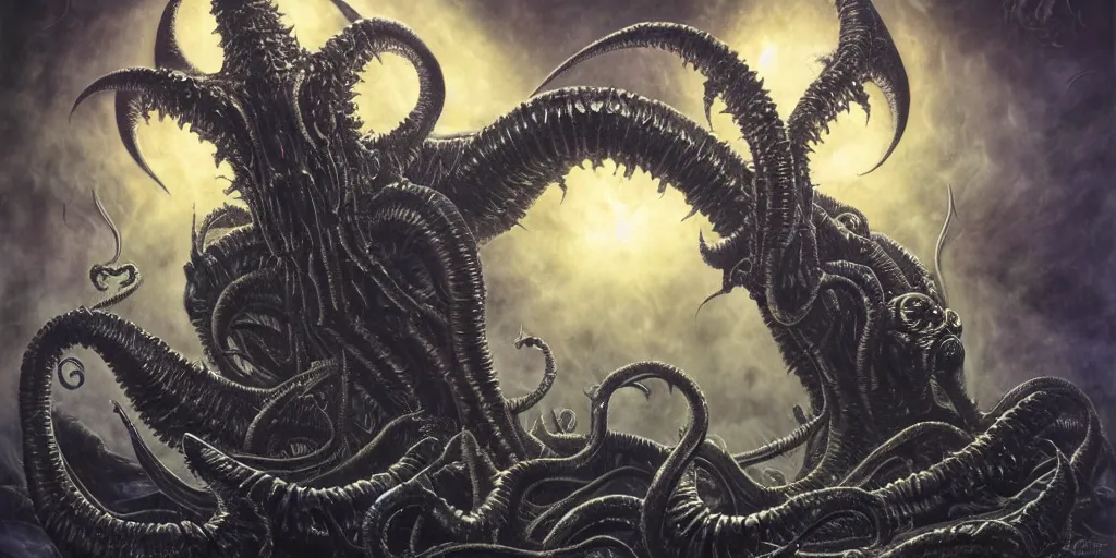 Image similar to elder god oryx lovecraftian h. p, terror, art by paulc carrick, dave carson, john coulthart, lee brown coye, h. r giger, stephen hickman, 8 k, hd, illumination, lighting, raytracting, dark, lovecraft, arkham, grotesque