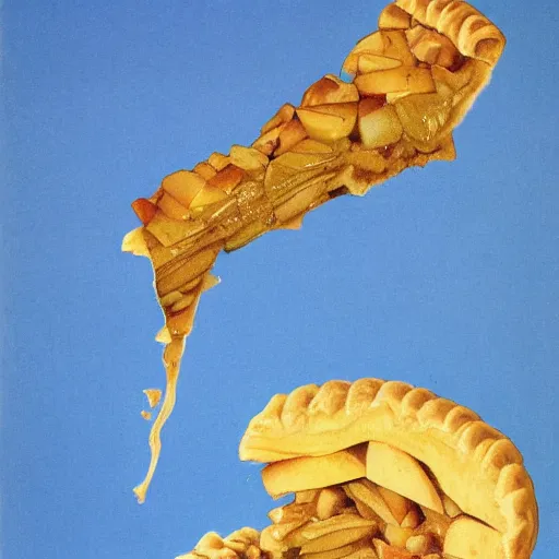 Image similar to 1 thick slice of apple pie floating on a blue background, chesley bonestell, vincent di fate