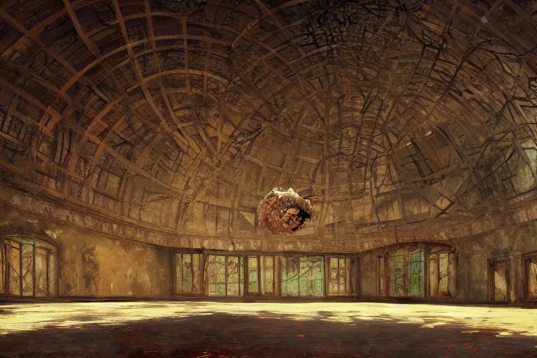 Image similar to a beautiful painting of a domed decaying ballroom, rot and vines everywhere, in center an elegant dancer on flamingo legs, by salvador dali, artstation, dramatic lighting