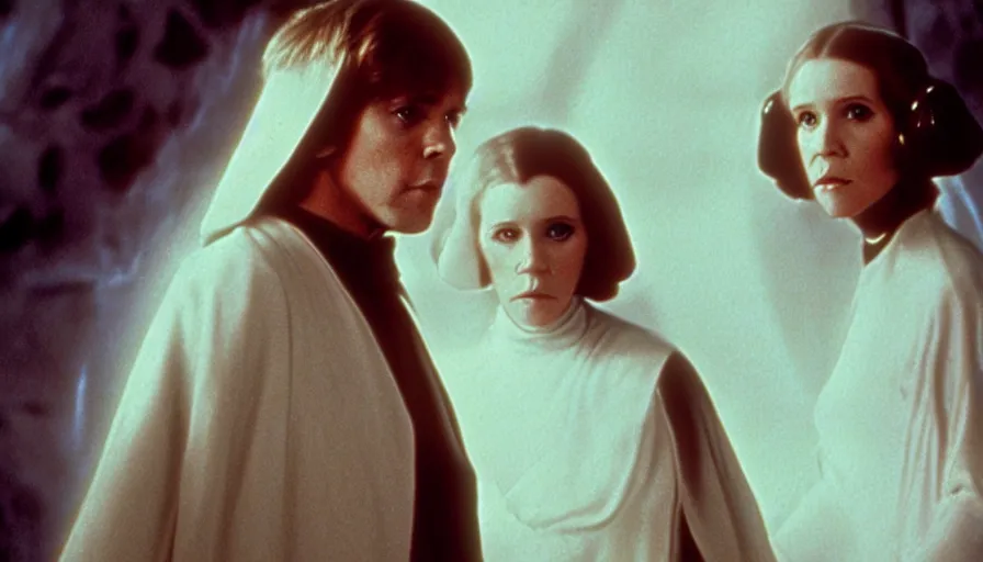 Image similar to screenshot portrait of Luke Skywalker and Princess Leia, facing off against an incredibly haunting female sith lord in white, on a sith planet of purple magic maelstrom, iconic scene from the 1970s sci fi thriller film by Stanley Kubrick, HR Geiger, stunning cinematography, hyper-detailed, sharp, anamorphic lenses, kodak color stock, 4k, stunning