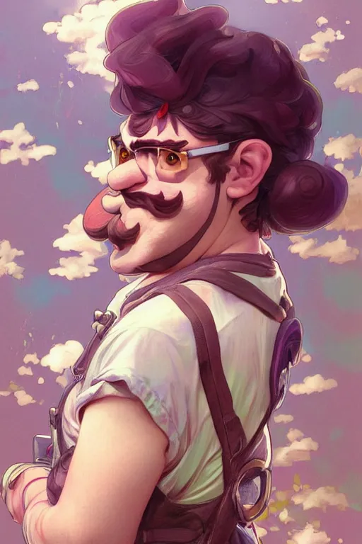 Image similar to portrait of Wario from WarioWare, dreamy and ethereal, overalls, chaotic, elegant, highly detailed, digital painting, artstation, concept art, smooth, sharp focus, illustration, art by artgerm and greg rutkowski and alphonse mucha