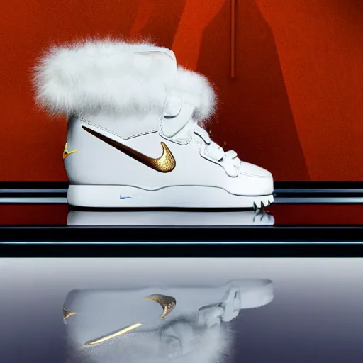 Prompt: nike shoe made of very fluffy white and gold faux fur placed on reflective surface, professional advertising, overhead lighting, heavy detail, realistic by nate vanhook, mark miner