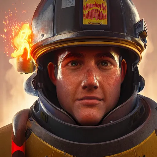 Image similar to portrait of fireman, 8 k uhd, unreal engine, octane render in the artstyle of finnian macmanus, john park and greg rutkowski