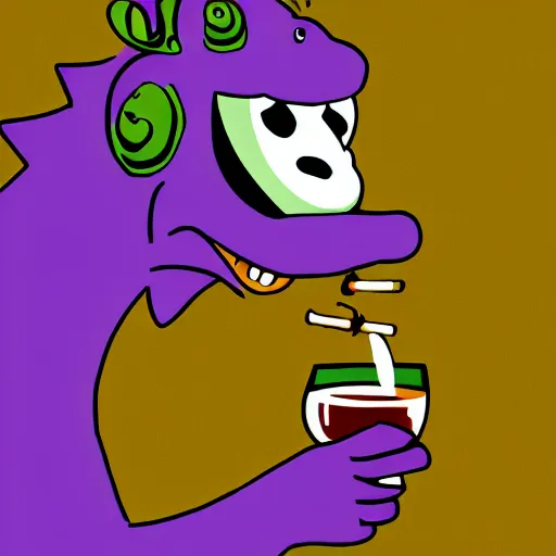 Image similar to barney the purple dinosaur from kids show drinking whisky and smoking a cigar, portrait art, digital art, trending on artstation