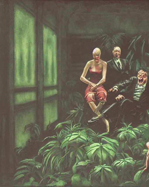 Image similar to dark fleshy figure seated next to another dark angry figure laughing alone inside an empty dark ballroom overgrown with plants in the style of Norman Rockwell and Greg Rutkowski and Francis Bacon