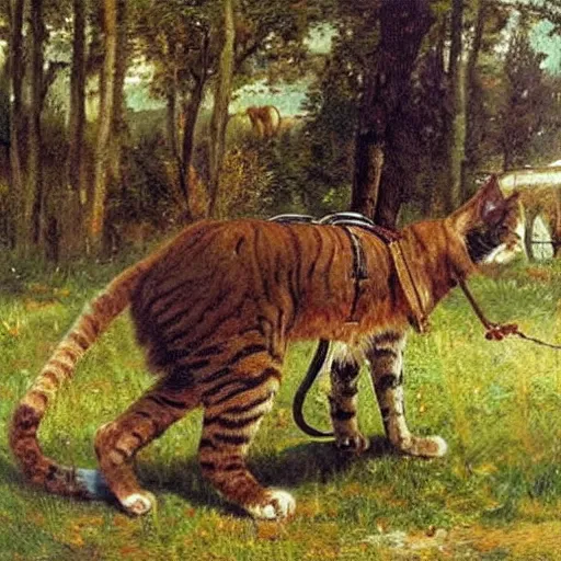 Prompt: huge cat harnessed to a cart, oil painting by Ivan Shishkin