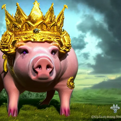 Image similar to fantasy pig with golden crown, high detail, fantasy art, concept art, 4 k, ultra detail, computer art